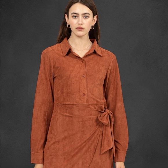 Vegan Rust Suede Wrap Tie Front Mini Dress - Picture 9 of 12